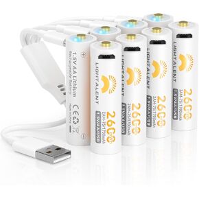 بطاريات ليثيوم AA قابلة لإعادة الشحن، بطارية ليثيوم أيون USB مزدوجة بقدرة 2600 مللي واط في الساعة 1.5 فولت، شحن سريع مع كابل USB-Micro، 1500 دورة طويلة الأمد للإلكترونيات المنزلية (4 عبوات)