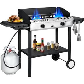 Llamaviva 2 Burner Outdoor Gas Burner with Side Shelves, Auto-ignition & Regulator, 150,000 BTU Propane Outdoor Stoves for Cooking, Camping&BBQ Cookouts
