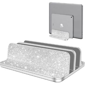 Bling Vertical Laptop Stand, Double Desktop Stand Holder with Adjustable Dock (Up to 17.3 inch),Compatible with All MacBook/Surface/Samsung/HP/Dell/Chrome Book (Silver Glitter Rhinestones)