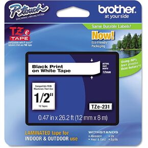 Brother TZE231 Standard Adhesive Laminated Labeling Tape, 0.47" x 26.2 ft, Black on White