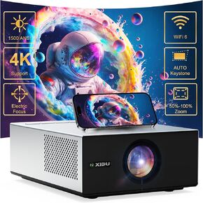 4K Projector with WIFI and Bluetooth, XIDU 1500ANSI Electric Focus Aluminum Alloy Projector, Auto Keystone 1080P Movie Projector, Dual 8W Speaker, Home Theater Portable Projector for Phone (Silver)