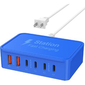 100W USB C Charger Charger - 5ft Cord Gan 6 Port Type USB C Charging Station Hub Block Cube ، Type Fast Type C Charging Station Hub متوافق مع iPhone 16 15 14 13 12 Pro Max Ipad Samsung Pixel