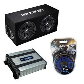 Harmony Audio Kicker Bundle Loaded Dual 12 Ported Comp 600W Sub Box Enclosure 43DC122 with Harmony HA-A400.1 Amp and Amplifier Wiring Kit