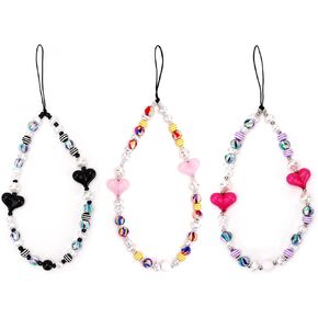 3pcs Heart Phone Charm, Plastic & Resin Beaded Cell Phone Lanyard with 3 Colour Cute Phone Charms Strap Beaded Phone Chain for Woman