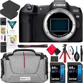 Canon EOS R8 Full Frame Mirrorless Interchangeable Lens Camera (Renewed) | Official Canon USA Partner Model | Body 5803C002 Bundle with Deco Gear Bag + 2 x Battery + 2 x 64GB Memory Cards & More