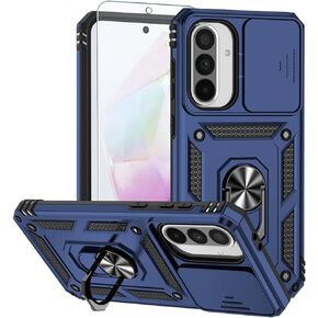 Androgate Phone Case for Samsung Galaxy A26 5G Case with HD Screen Protector & Slide Camera Cover & Rotated Ring Kickstand, [Military-Grade] Phone Case for Galaxy A26 Blue