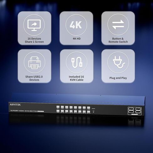 محول HDMI KVM 8 منافذ 4K@30 هرتز، محول KVM 8 في 1 مع محاور USB2.0 + جهاز تحكم عن بعد بالأشعة تحت الحمراء + محدد سطح المكتب + 8 قطع كابلات 2 في 1 كيلو فولت إم in Saudi Arabia
