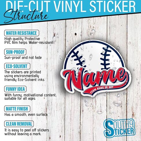 Personalized Custom Name Baseball Sticker Sports Name Softball Baseball Player Team Numbers Waterproof Die-Cut Vinyl Sticker for Water Bottle Laptop Hard Hat Kindle Decal Birthday Gift for Her Him in Kuwait