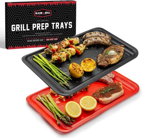 BLAZIN' GRILL Prep and Serve Trays | Set of 2 Stackable, Melamine Trays | Serving Tray & Marinating Tray | Serving Platter for Plating Food & BBQ Prep Tub for Marinating Meats | Grill Accessories | in Saudi Arabia