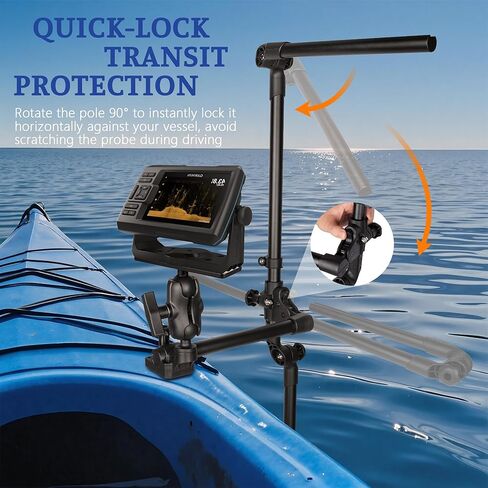 Livescope Transducer Pole Mount Kayak, Marine-Grade Aluminum Mount for Garmin/Lowrance, Adjustable Depth 360° Rotating Transducer, Drill-Down Base with 1.5'' Ball in Kuwait