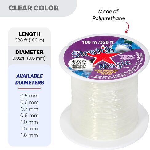 Stretch Magic Bead & Jewelry Cord - Strong & Stretchy, Easy to Knot - Clear Color - 0.6mm Diameter - 100-meter (328 ft) Spool - Elastic String for Making Beaded Jewelry in Saudi Arabia