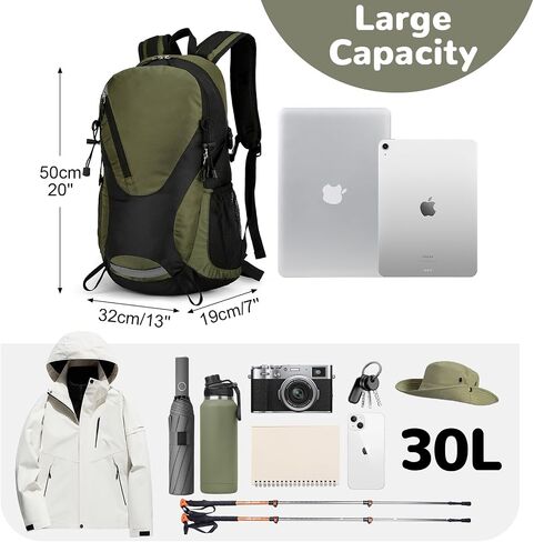 30L Hiking Backpack Men Women, Lightweight Rucksack Backpack with Adjustable Chest Strap, Nylon Casual Daypack Backpack for Camping Biking Outdoor Cycling, Green in Kuwait