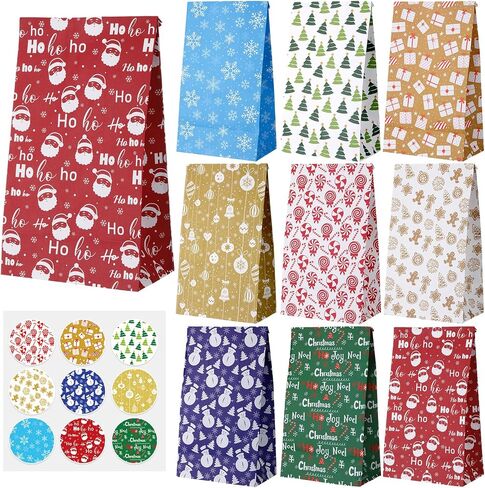 Jetec 90 Pieces Christmas Gift Bags with Sealing Stickers Christmas Paper Bags Candy Bags for Party Favors 12 Assorted Designs Holiday Goody Bags Party Supplies for Xmas Treat Goodie Gift Wrapping in Saudi Arabia