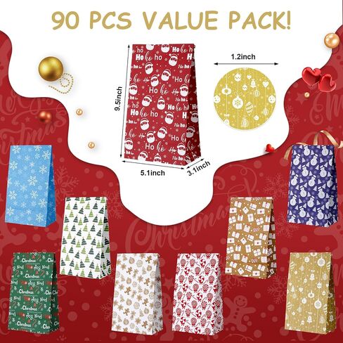 Jetec 90 Pieces Christmas Gift Bags with Sealing Stickers Christmas Paper Bags Candy Bags for Party Favors 12 Assorted Designs Holiday Goody Bags Party Supplies for Xmas Treat Goodie Gift Wrapping in Saudi Arabia