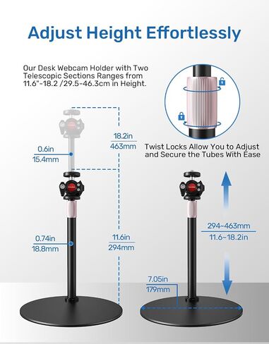 Webcam Stand, Upgraded 23.8'' Height Adjustable Desktop Mount with Cell Phone Clamp for Logitech Webcam C922 C930e C920S C920 C615 C960 C920x BRIO 4K and Other Devices with 1/4" Thread in Saudi Arabia