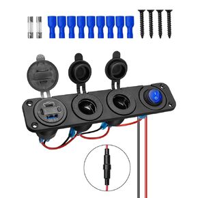 4 in 1 USB Socket Charger Panel, 78W QC 3.0 Dual USB Outlet & Dual 150W Cigarette Lighter Socket & LED Voltmeter & ON-Off Rocker Toggle Switch for Car Boat Marine Truck RV