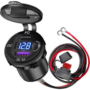 12V USB C Outlet PD3.0 30W and QC3.0 18W Fast Car Charger Socket with Voltmeter Switch, Aluminum 12V Car Outlet Replacement with 5FT 16AWG Wire Fuse for Boat Marine Truck Golf Cart RV Motorcycle