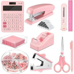 Sabary 12 Pcs Pink Desk Accessory Kit Include Stapler with Staples Tape Dispenser Staple Remover Sticky with Box Paper Clips Pen Kit Scissors Box Cutter Calculator Office Desk Supplies Christmas Gift