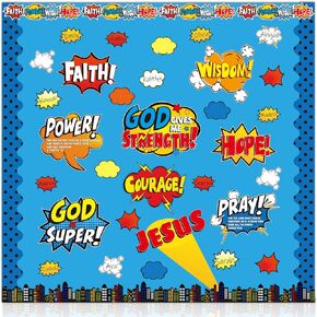 Religious Hero Bulletin Board Set, Super Theme Hero Jesus Religious Decor Bulletin Board Cutouts, Christian Sunday School Preschool Classroom Decorations Cutouts Wall Decor, 114 Pieces