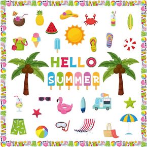 109pcs Hello Summer Beach Hawaiian Bulletin Board مجموعة تزيين الفصول الدراسية، نظارات الشاطئ الاستوائية لهجات حدود شجرة النخيل، لوازم حفلات موضوع جوز الهند الصيفية للفصول الدراسية المدرسية in Kuwait