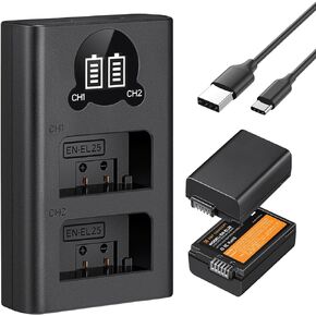 K&F Concept 1600mAh EN-EL25 Battery and Set with LCD Dual Slot Charger, 2 Pack Replacement Batteries for Nikon Z30 Z50 ZFC Camera