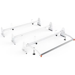 AA-Racks Model RX27 Fullsize Steel Three-Bar Van Ladder Roof Racks with Middle Adjustable Bar and Cargo Roller - White