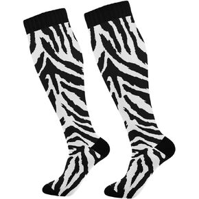 Compression Socks Women & Men, 2 Pairs Animal Zebra Print Black White Skin Long Socks for Gym Running Hiking Sport