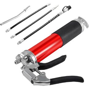 Vehicle Grease Gun, Auto 6000 PSI Heavy Duty Pistol Grip Grease Gun Kit with 14 oz Load&18 Inch Spring Flexible Hose Flat Coupler Pointed Coupler Bent Metal Pipe, Universal for Cars