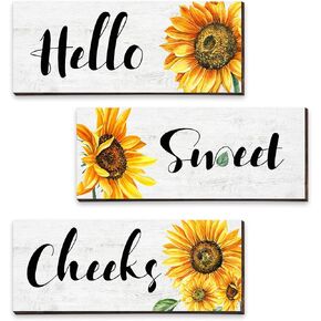 3 Pieces Sunflower Wall Decor Hello Sweet Wooden Wall Art Signs Summer Sunflowers Prints Hanging Plaques Rustic Classic Sunflowers Positive Sign Decor for Bathroom Kitchen, 10 x 4 x 0.2 Inch(White)