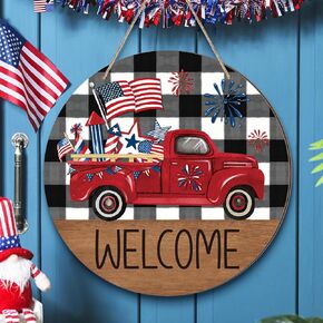 4th of July Welcome Sign Decoration Rustic Patriotic Front Door Decor Memorial Day Wall Sign Red White Blue Wreath American flag Truck Independence Day Decor for Door Wall Outdoor Porch