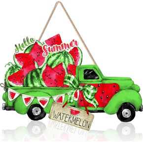 clothmile Hello Summer Door Sign Watermelon Truck Wooden Sign Summer Door Decor Welcome Sign for Front Door Green Truck Wooden Hanging Decorations for Indoor Outdoor Farmhouse Porch Decor，12 X 8 Inch