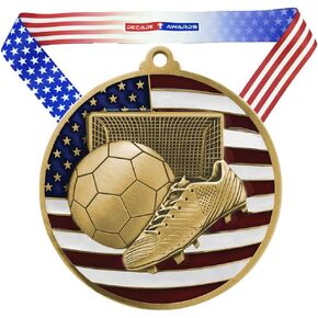 Decade Awards Soccer Patriotic Engraved Medal - 2.75 Inch Wide Futbol Medallion with Stars and Stripes American Flag V Neck Ribbon in Kuwait