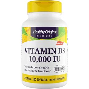 Healthy Origins Vitamin D3 (Lanolin) 10,000 IU Softgel - Bone Health and Immune Support Supplement - Easily Absorbable Vitamin D Supplements - Gluten-Free Vitamin D3 Supplement - 120 Softgels
