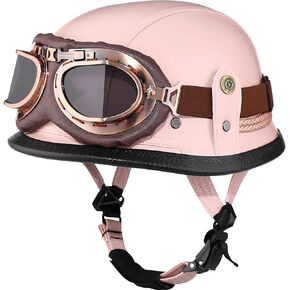 Motorcycle Half Helmet Retro German Handmade Leather Half Face Quick Release Buckle & Goggles - DOT Approved