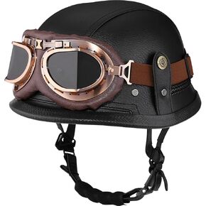 Motorcycle Half Helmet Retro German Handmade Leather Half Face Quick Release Buckle & Goggles - DOT Approved