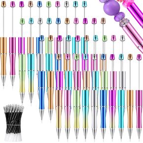 Crtiin 50 Pieces Plastic Beadable Pen Bulk Bead Ballpoint Shaft Black Ink Beaded Pens with 50 Refills for DIY Making Gift Kids Students Office School Supplies(Candy Gradient Color)