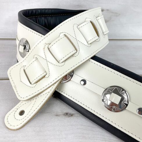 Walker & Williams C-44-WHT Aged White Premium Grain Leather Padded Guitar Strap 3" Wide With Nickel Conchos For Acoustic, Electric, And Bass Guitars in Saudi Arabia