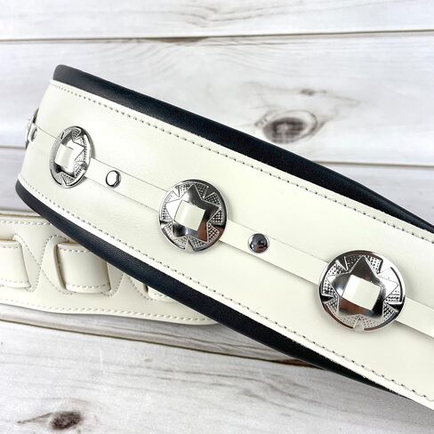 Walker & Williams C-44-WHT Aged White Premium Grain Leather Padded Guitar Strap 3" Wide With Nickel Conchos For Acoustic, Electric, And Bass Guitars in Saudi Arabia