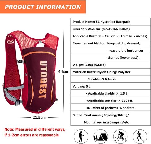 UTOBEST Running Vest Lightweight Hydration Vest Pack 5L UTR104 | 7 Pockets, Large Phone Holder, Comfort Fit, No Bounce, OSFM, Unisex, Great for Entry Leve Trail Running, Park Run, Marathon in Kuwait