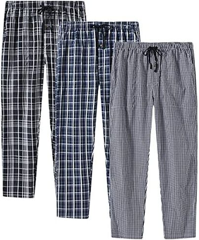 MoFiz Mens Cotton Pajama Pants Lightweight Lounge Sleep Plaid Bottoms with Pockets Drawstring in Kuwait