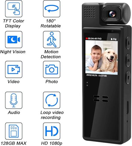 Video Camera Camcorder, HD 1080P Body Camera with Audio and Video Recording, 1.3" LCD Screen Recorder Night Vision Camera, 180° Rotating Lens Wearable Clip Body Cam for Work, Outdoor in Kuwait