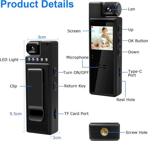 Video Camera Camcorder, HD 1080P Body Camera with Audio and Video Recording, 1.3" LCD Screen Recorder Night Vision Camera, 180° Rotating Lens Wearable Clip Body Cam for Work, Outdoor in Kuwait