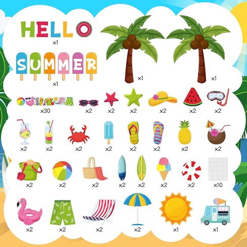 109pcs Hello Summer Beach Hawaiian Bulletin Board مجموعة تزيين الفصول الدراسية، نظارات الشاطئ الاستوائية لهجات حدود شجرة النخيل، لوازم حفلات موضوع جوز الهند الصيفية للفصول الدراسية المدرسية in Kuwait