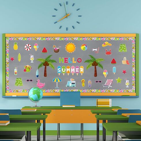 109pcs Hello Summer Beach Hawaiian Bulletin Board مجموعة تزيين الفصول الدراسية، نظارات الشاطئ الاستوائية لهجات حدود شجرة النخيل، لوازم حفلات موضوع جوز الهند الصيفية للفصول الدراسية المدرسية in Kuwait