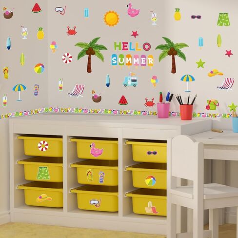 109pcs Hello Summer Beach Hawaiian Bulletin Board مجموعة تزيين الفصول الدراسية، نظارات الشاطئ الاستوائية لهجات حدود شجرة النخيل، لوازم حفلات موضوع جوز الهند الصيفية للفصول الدراسية المدرسية in Kuwait
