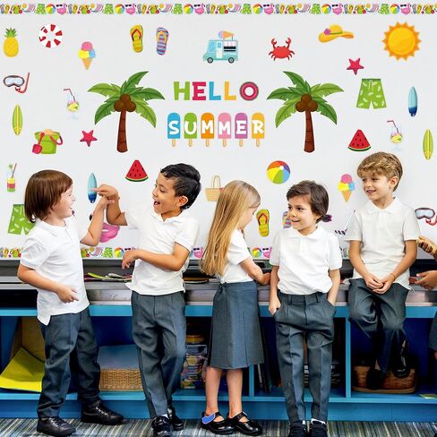 109pcs Hello Summer Beach Hawaiian Bulletin Board مجموعة تزيين الفصول الدراسية، نظارات الشاطئ الاستوائية لهجات حدود شجرة النخيل، لوازم حفلات موضوع جوز الهند الصيفية للفصول الدراسية المدرسية in Kuwait