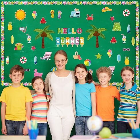109pcs Hello Summer Beach Hawaiian Bulletin Board مجموعة تزيين الفصول الدراسية، نظارات الشاطئ الاستوائية لهجات حدود شجرة النخيل، لوازم حفلات موضوع جوز الهند الصيفية للفصول الدراسية المدرسية in Kuwait