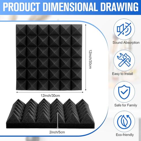 60 حزمة 12 × 12 × 2 في ألواح الرغوة الصوتية، ألواح إسفنجية عازلة للصوت هرمية مع ألواح إسفنجية صوتية عازلة للصوت عازلة للهب ذاتية اللصق عالية الكثافة للمكتب in Kuwait