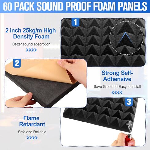 60 حزمة 12 × 12 × 2 في ألواح الرغوة الصوتية، ألواح إسفنجية عازلة للصوت هرمية مع ألواح إسفنجية صوتية عازلة للصوت عازلة للهب ذاتية اللصق عالية الكثافة للمكتب in Kuwait