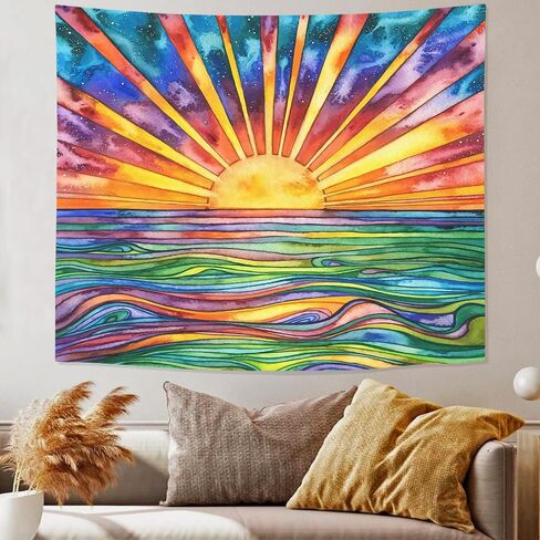 Boho Rainbow Sun Tapestry Wall Hanging - UV Blacklight Reactive for Bedroom Aesthetic and Home Room Decor (Sun Black Light, 50''x60'') in Saudi Arabia